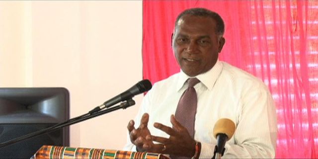 Premier of Nevis and Minister of Education Hon. Vance Amory delivering at the launch of the pilot Education Community Service Initiative on March 17, 2014 at the Charlestown Primary School Cafeteria